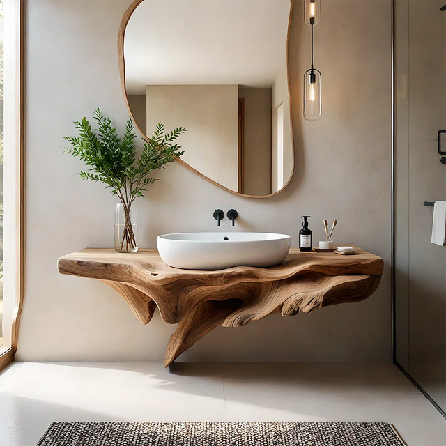 Sculptural Driftwood-Style Live Edge Floating Bathroom Vanity - Rustirawood 