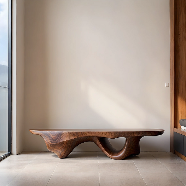 Sculptural Fluid-Form Solid Wood Bench – Modern Organic Art Piece - Rustirawood 