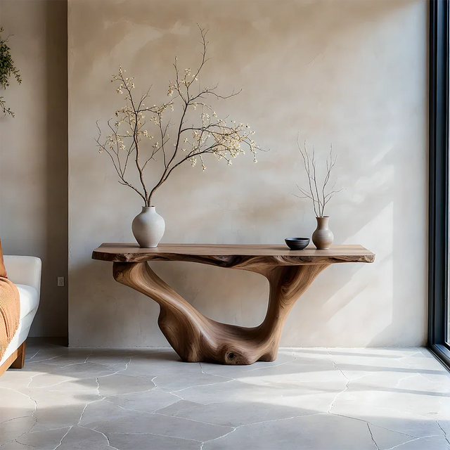 Sculptural Organic Solid Wood Console Table – Art Form Base - Rustirawood 