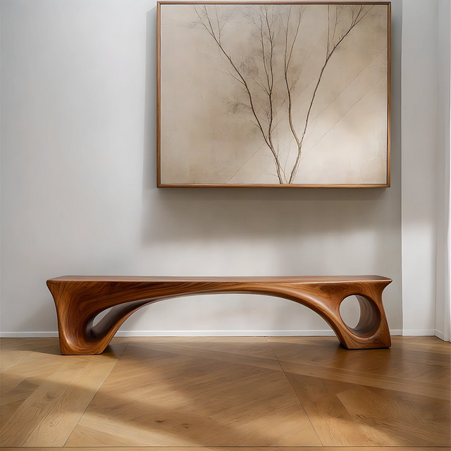 Sculptural Solid Wood Bench – Fluid Modern Form - Rustirawood 