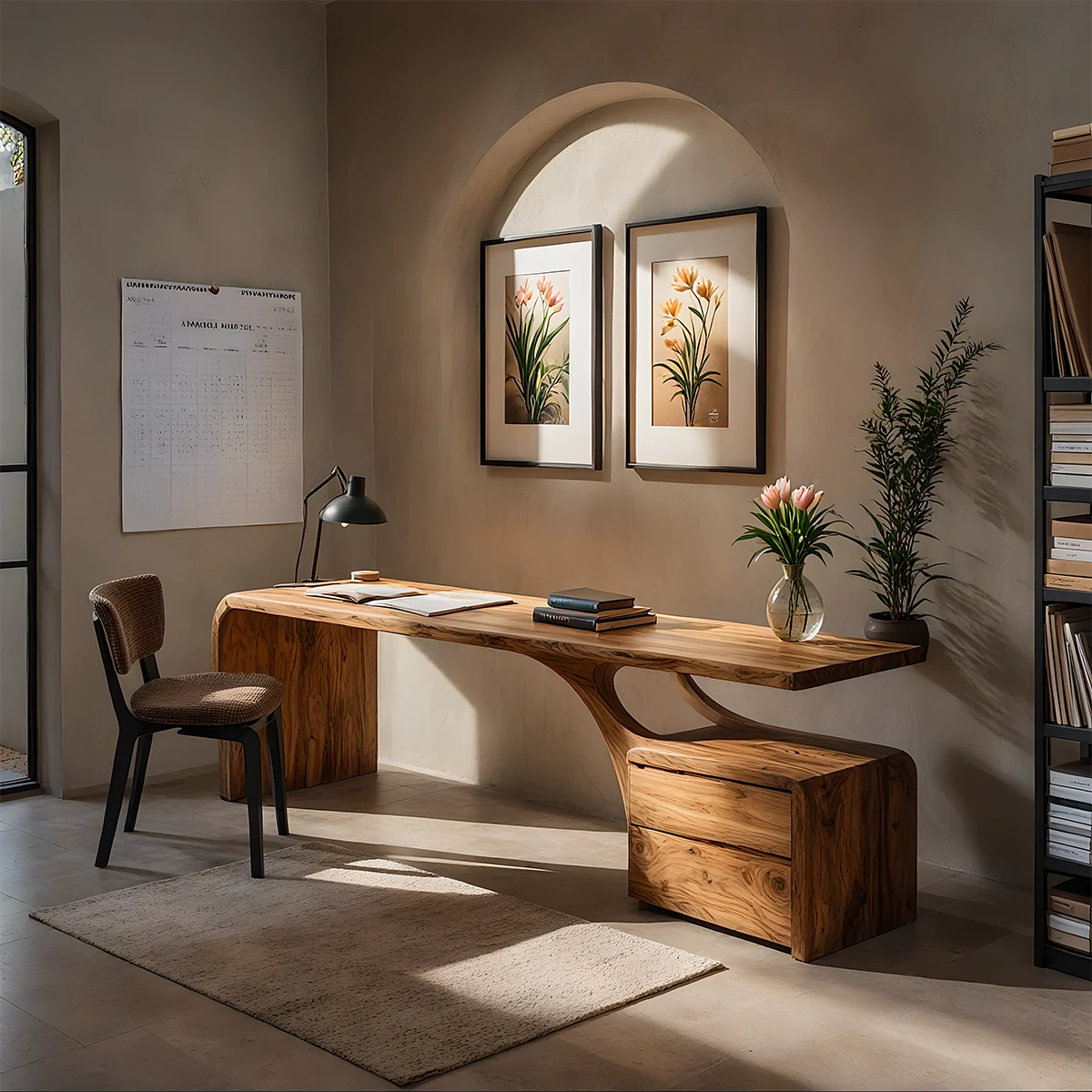 Sculptural Solid Wood Desk with Curved Base & Storage
