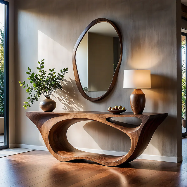Sculptural Walnut Finish Console Table – Double Loop Wood Design - Rustirawood 