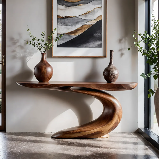 Solid Walnut Wave Console Table – Modern Sculptural Design - Rustirawood 