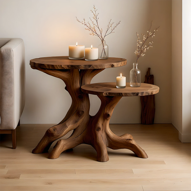 Solid Wood Accent Table Set – Modern Sculptural Rooted Branchform Design - Rustirawood 