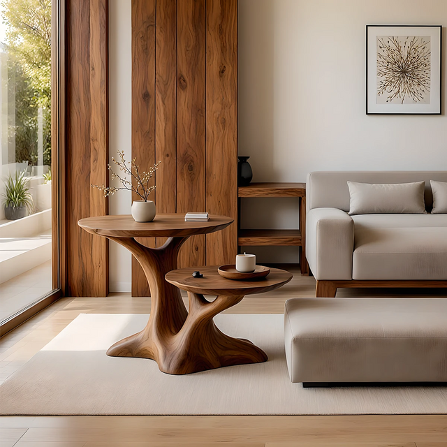 Solid Wood Center Table Set – Modern Sculptural Rooted Branchform Design - Rustirawood 