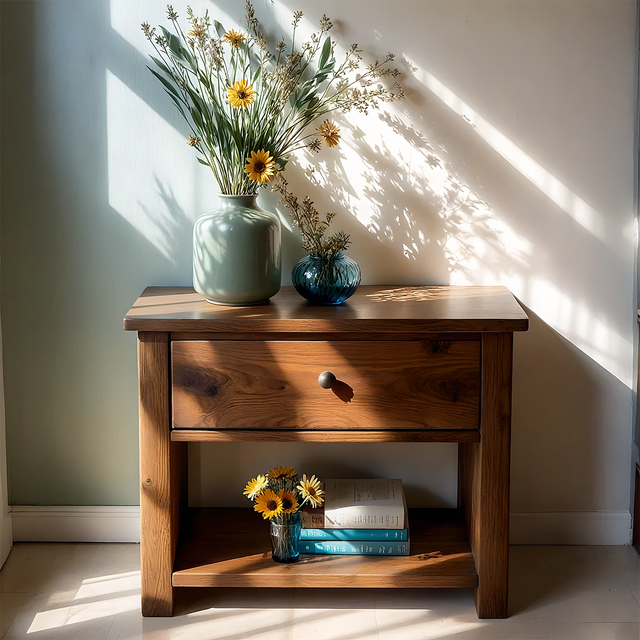 Solid Wood Classic Nightstand with Drawer & Open Shelf - Rustirawood 