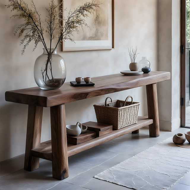 Solid Wood Console Table with Lower Shelf – Modern Natural Craft - Rustirawood 