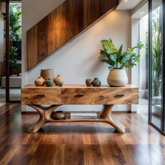 Solid Wood Console Table with Organic Sculptural Base & Drawers - Rustirawood 