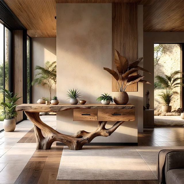 Solid Wood Console Table with Raw-Edge Top & Sculpted Root-Form Base - Rustirawood 