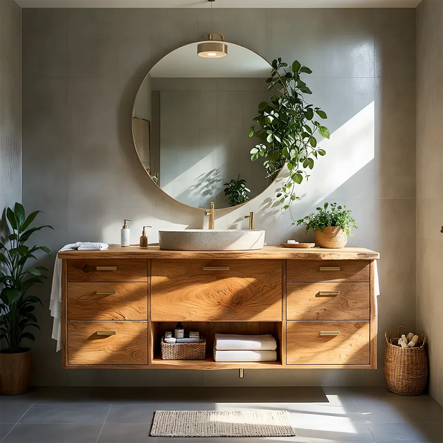 Solid Wood Double Floating Vanity with Stone Basin - Rustirawood 