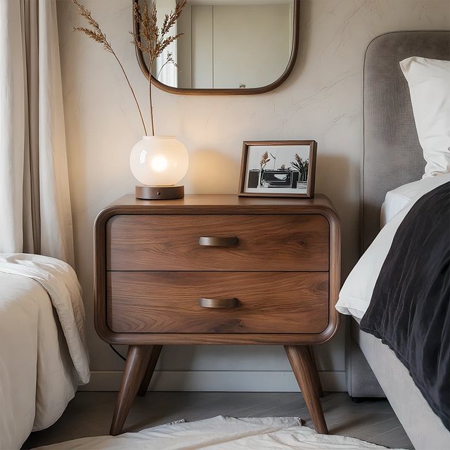 Solid Wood Mid-Century Nightstand with Two Drawers - Rustirawood 