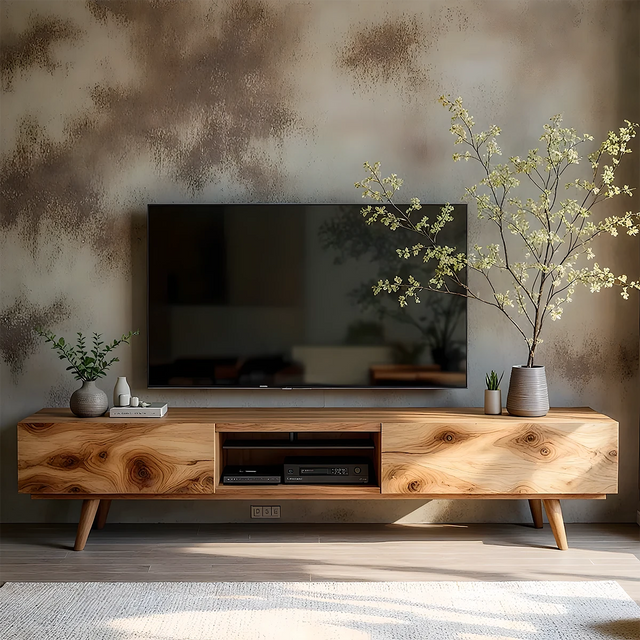 Solid Wood Modern TV Stand – Natural Finish Media Console - Rustirawood 