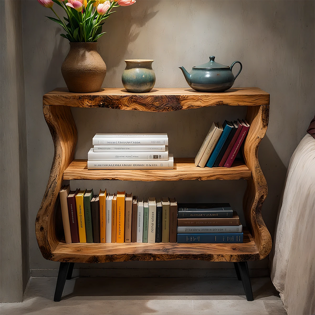 Solid Wood Nightstand – Curved Bookshelf Design - Rustirawood 