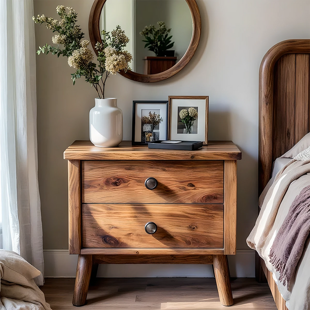 Solid Wood Scandinavian Nightstand – Two-Drawer Minimalist Design - Rustirawood 