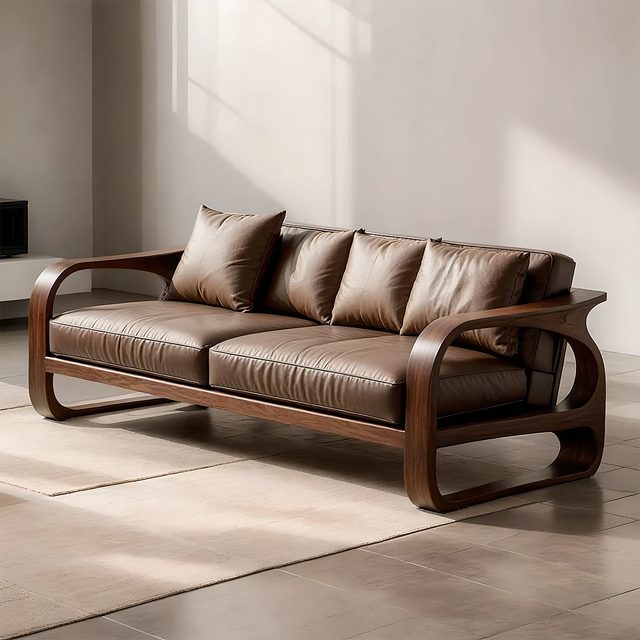 Solid Wood Sofa – Modern Leather Elegance - Rustirawood 