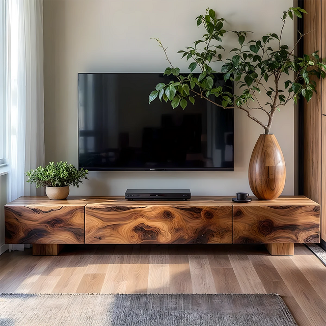 Solid Wood TV Stand – Natural Finish Wabi Sabi Media Console with Deep Grain Texture - Rustirawood 