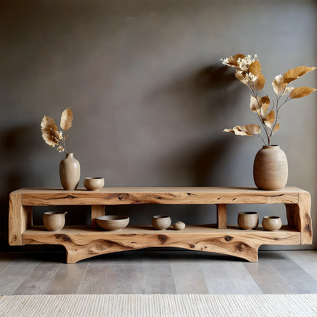Solid Wood Wabi Sabi Console Table – Natural Finish Entryway & Living Room Shelf - Rustirawood 