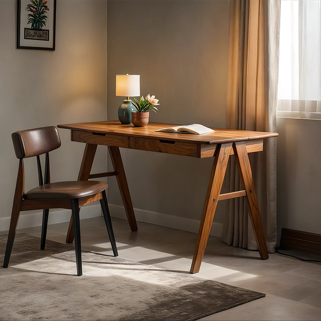 Solid Wood Writing Desk with A-Frame Legs & Dual Drawers - Rustirawood 