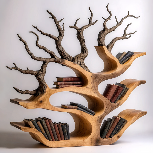 Tree-Shaped Natural Solid Wood Bookshelf – Sculptural Design - Rustirawood 