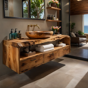 Live Edge Natural Solid Wood Floating Bathroom Vanity