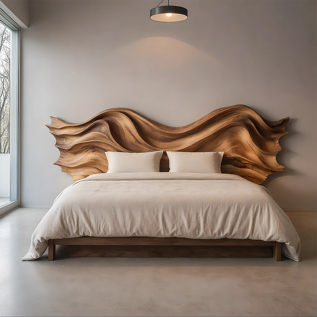 Waveflow Solid Wood Headboard – Sculptural Bedroom Art - Rustirawood 